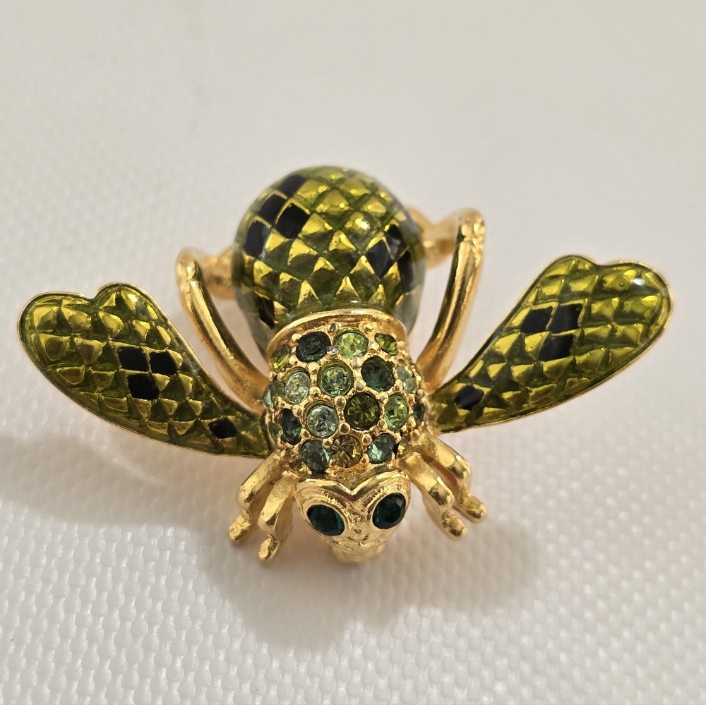 Joan Rivers Bee Brooch – Green Crystal Gold Tone Insect Pin Statement Vintage - Picture 3 of 6